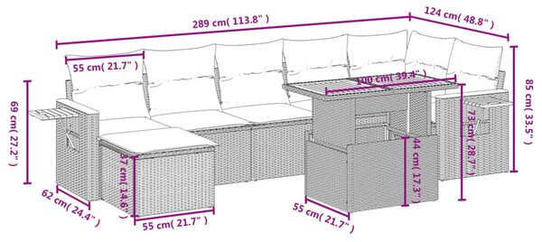 8 részes fekete polyrattan kerti ülőgarnitúra párnákkal