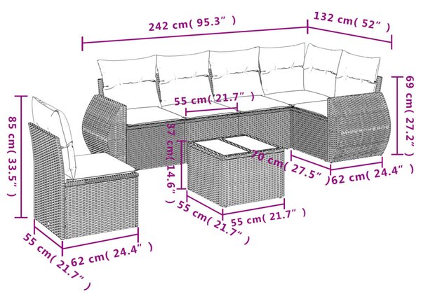 7 részes fekete polyrattan kerti ülőgarnitúra párnával