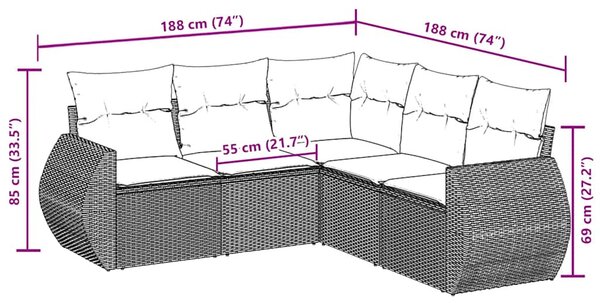 5 részes fekete polyrattan kerti kanapészett párnákkal