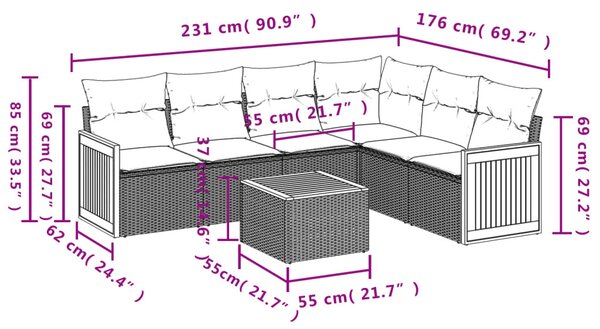 7 részes fekete polyrattan kerti ülőgarnitúra párnával