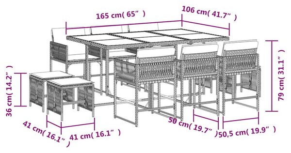 11 részes fekete polyrattan kerti étkezőgarnitúra párnákkal