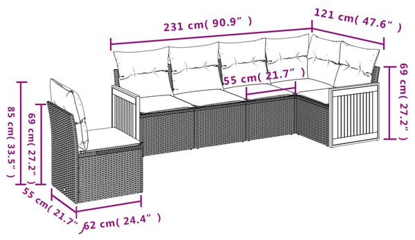 6 részes fekete polyrattan kerti ülőgarnitúra párnákkal