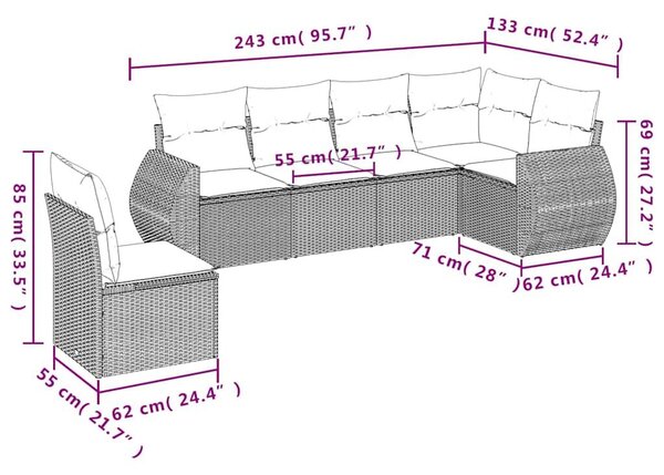 VidaXL 6 db fekete polyrattan kerti kanapégarnitúra párnákkal