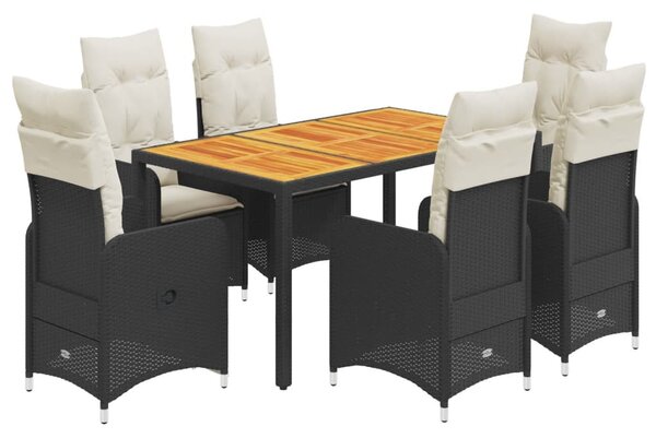 7 részes fekete polyrattan kerti bisztrógarnitúra párnákkal