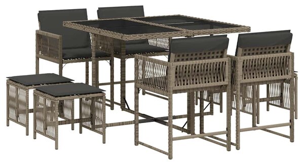 9 részes szürke polyrattan kerti étkezőgarnitúra párnával