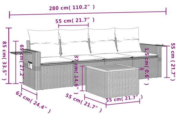 5 részes fekete polyrattan kerti kanapészett párnákkal