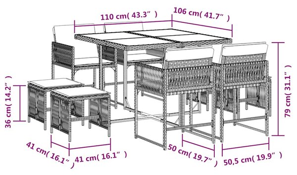 9 részes barna polyrattan kerti étkezőgarnitúra párnákkal