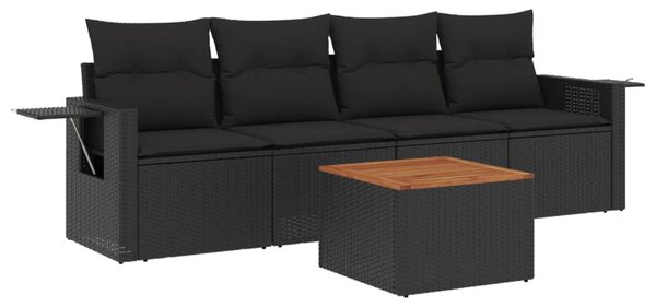 5 részes fekete polyrattan kerti kanapészett párnákkal
