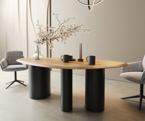 DELIFE Étkezőasztal Edge ovális 220x120x2,5 tölgy természetes Troa fém fekete Flow-Edge