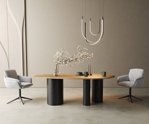 DELIFE Étkezőasztal Edge ovális 220x120x2,5 tölgy természetes Troa fém fekete Flow-Edge