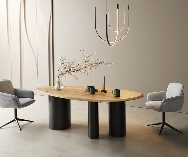 DELIFE Étkezőasztal Edge ovális 220x120x2,5 tölgy természetes Troa fém fekete Flow-Edge