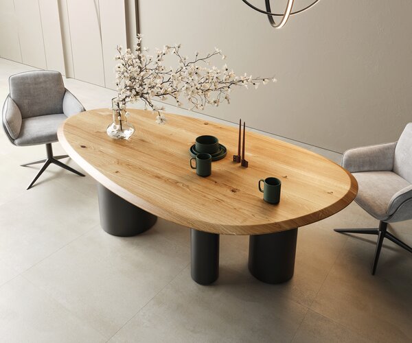 DELIFE Étkezőasztal Edge ovális 220x120x2,5 tölgy természetes Troa fém fekete Flow-Edge