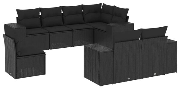 8 részes fekete polyrattan kerti ülőgarnitúra párnákkal