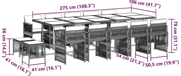 15 részes fekete polyrattan kerti étkezőgarnitúra párnákkal