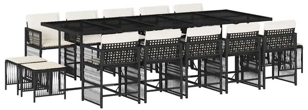 15 részes fekete polyrattan kerti étkezőgarnitúra párnákkal