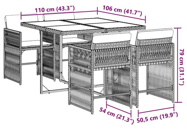 5 részes barna polyrattan kerti étkezőgarnitúra párnákkal