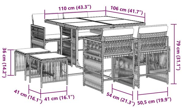 9 részes fekete polyrattan kerti étkezőgarnitúra párnákkal