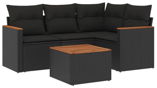 5 részes fekete polyrattan kerti kanapészett párnákkal