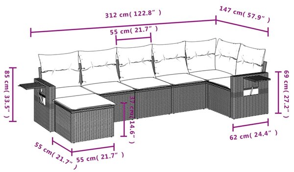 7 részes fekete polyrattan kerti ülőgarnitúra párnával