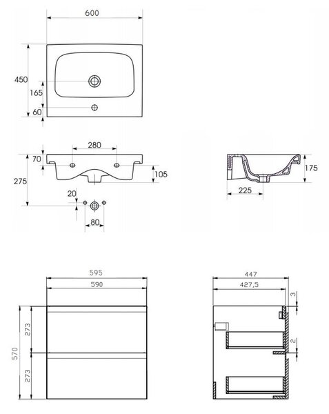 Cersanit Moduo SET, függő szekrény 60x45x62 cm + mosogató 60 cm, antracit matt, S801-486-DSM