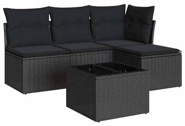5 részes fekete polyrattan kerti kanapészett párnákkal