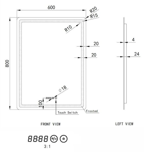 Tükör LED világítással 60x80cm | Páramentesítő funkció | Beépített óra | Fényerő és színhőmérséklet szabályozás | Welland Type-2V