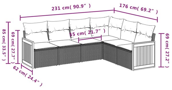 6 részes fekete polyrattan kerti ülőgarnitúra párnákkal