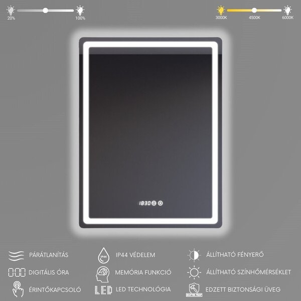 Tükör LED világítással 60x80cm | Páramentesítő funkció | Beépített óra | Fényerő és színhőmérséklet szabályozás | Welland Type-2V