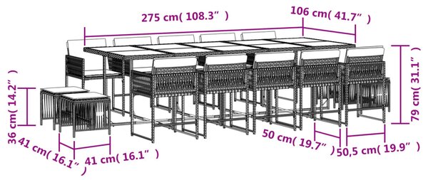 15 részes szürke polyrattan kerti étkezőgarnitúra párnákkal