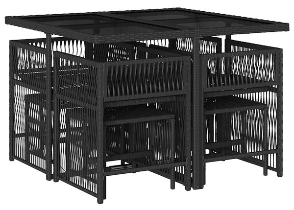 9 részes fekete polyrattan kerti étkezőgarnitúra párnákkal