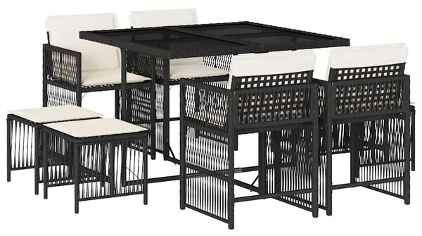 9 részes fekete polyrattan kerti étkezőgarnitúra párnákkal