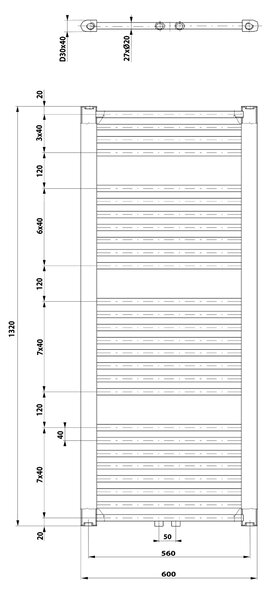 Aqualine Aqualine, DIRECT fűtőelem oldalsó csatlakozással 600x1320 mm, 795 W, fehér, ELM36T