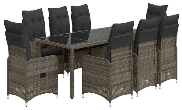9 részes szürke polyrattan kerti bisztrógarnitúra párnákkal