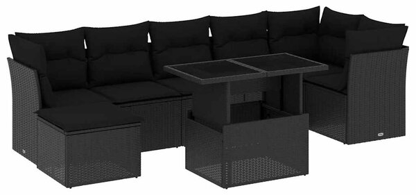 8 részes fekete polyrattan kerti ülőgarnitúra párnákkal