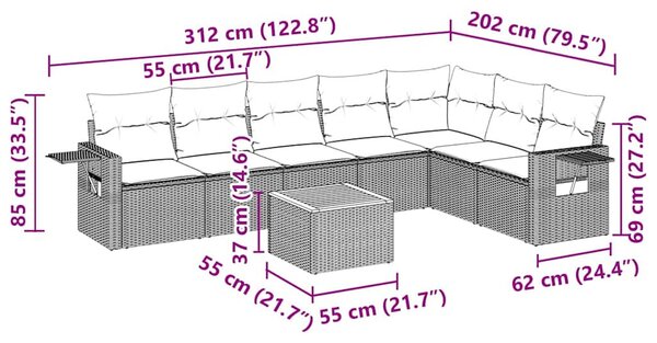 8 részes fekete polyrattan kerti ülőgarnitúra párnákkal