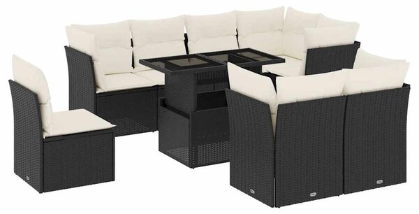 9 részes fekete polyrattan kerti ülőgarnitúra párnákkal