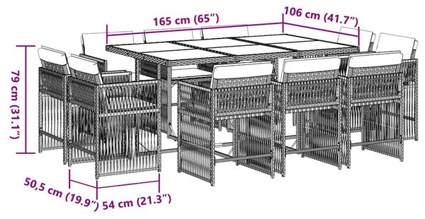 11 részes fekete polyrattan kerti étkezőgarnitúra párnákkal