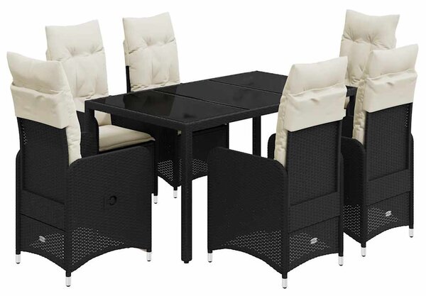 7 részes fekete polyrattan kerti bisztrógarnitúra párnákkal
