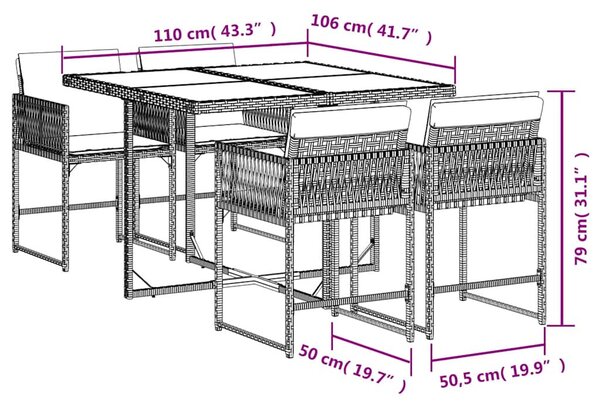 5 részes barna polyrattan kerti étkezőgarnitúra párnákkal