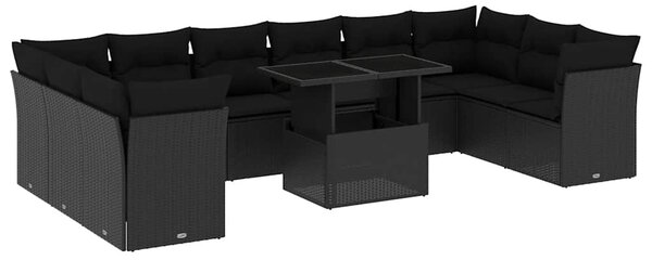11 részes fekete polyrattan kerti ülőgarnitúra párnákkal