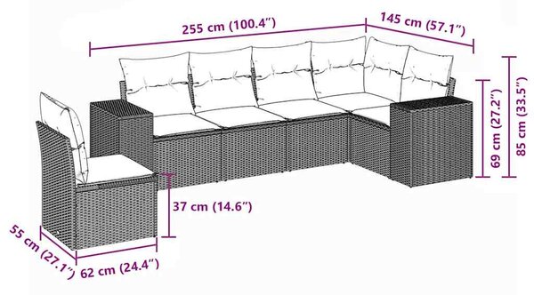 6 részes fekete polyrattan kerti ülőgarnitúra párnákkal