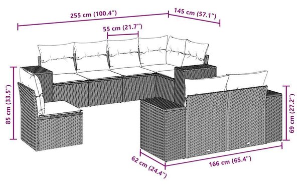 8 részes fekete polyrattan kerti ülőgarnitúra párnákkal