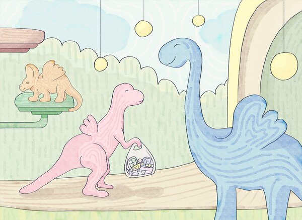 Fotótapéta Rajzfilm dinoszauruszok, akik egy táskát hordoznak, Dinoszauruszos fotótapéta, Népszerű fotótapéta, t00288 - Tapeko.hu