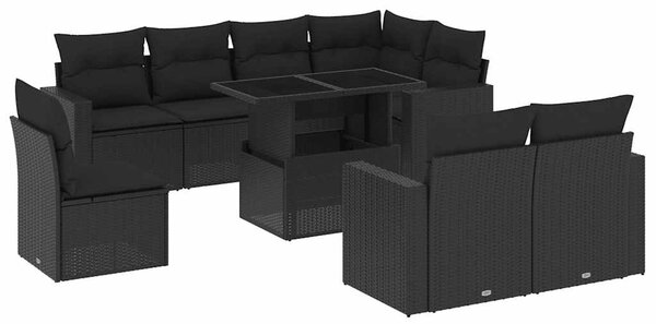 9 részes fekete polyrattan kerti ülőgarnitúra párnákkal