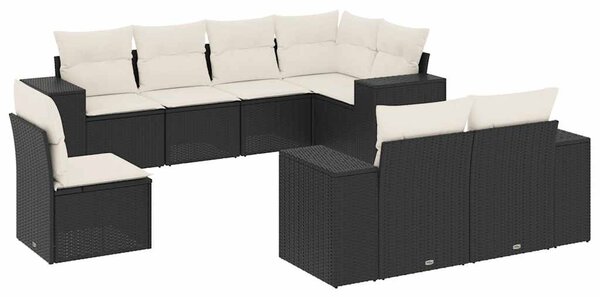 8 részes fekete polyrattan kerti ülőgarnitúra párnákkal