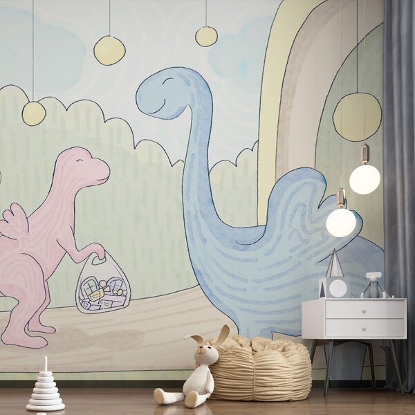 Fotótapéta Rajzfilm dinoszauruszok, akik egy táskát hordoznak, Dinoszauruszos fotótapéta, Népszerű fotótapéta, t00288 - Tapeko.hu