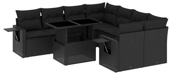 9 részes fekete polyrattan kerti ülőgarnitúra párnákkal