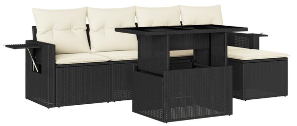 6 részes fekete polyrattan kerti ülőgarnitúra párnákkal