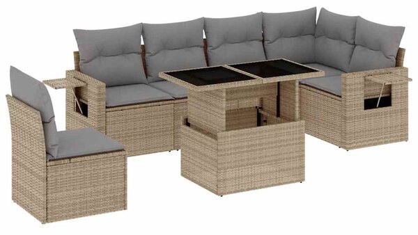 7 részes bézs polyrattan kerti ülőgarnitúra párnákkal