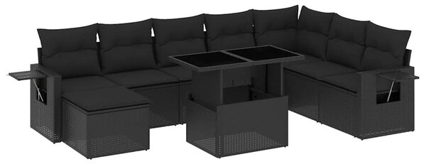 8 részes fekete polyrattan kerti ülőgarnitúra párnákkal